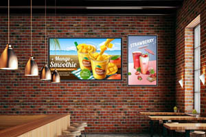 休闲餐饮店里的单机版壁挂式高清液晶广告机